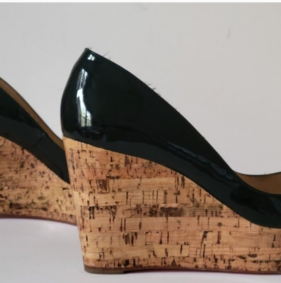 Christian Louboutin Black Patent Leather Peep Toe Cork Sole Platform Wedges - Picture 7 of 14